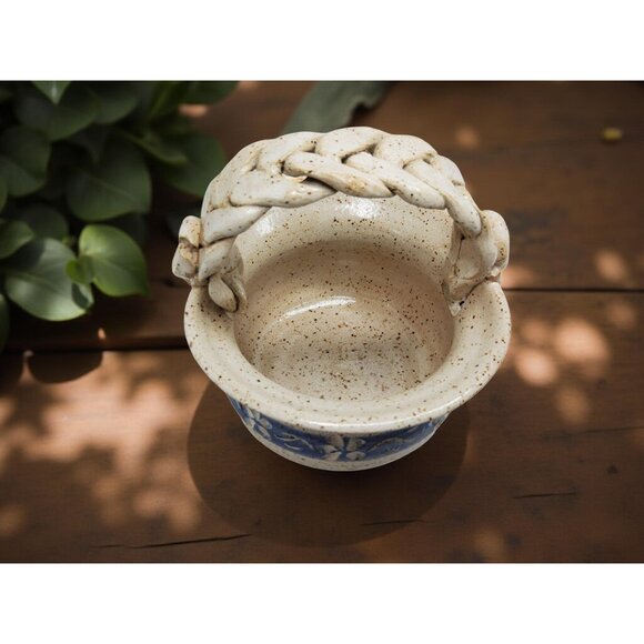 vintage 1991 handmade clay fired braided handle art pottery signed basket plante - Picture 3 of 12